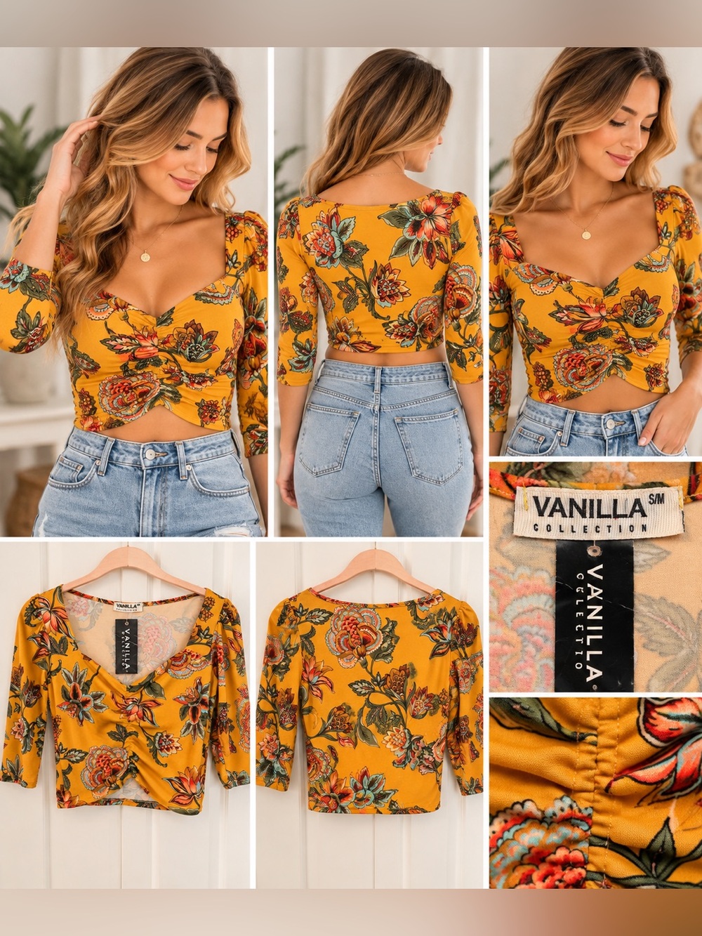 Vanilla Collection Mustard Yellow Floral Ruched Boho Top S/M